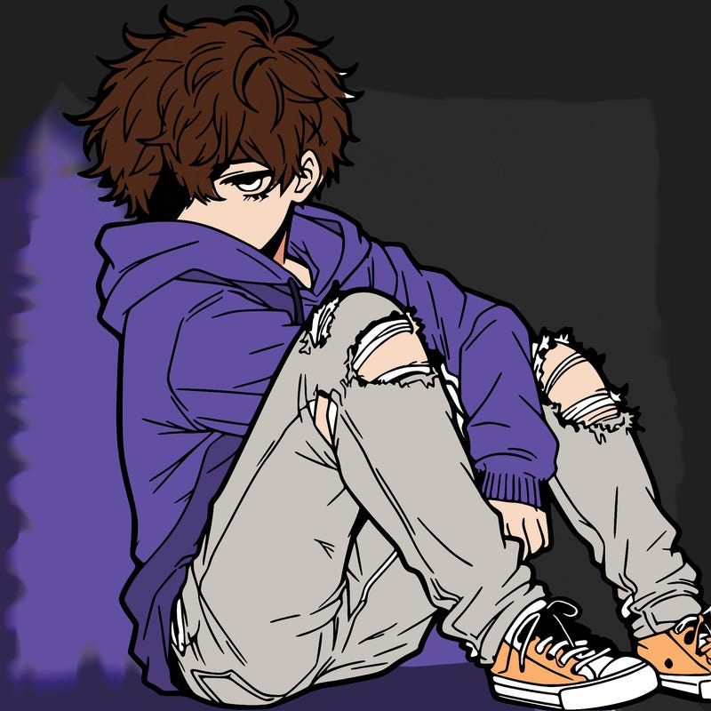a male hoddie ripped jeans messy hair anime