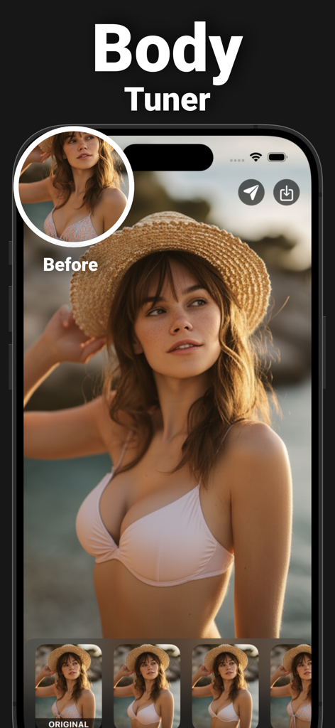 Body Editor Ai - Beauty Camera - Smartphone screen displaying the Body Tuner feature of the Body Editor Ai app with before and after photo editing results.