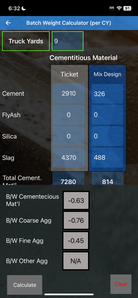 Water Cement Ratio And More - Mobile app interface showing the batch weight calculator for concrete cementitious materials and aggregates