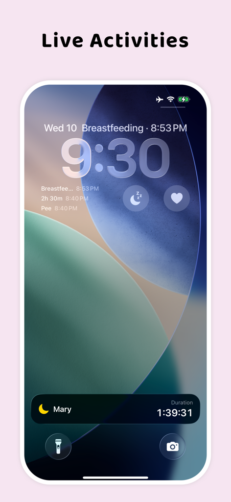 Ono baby tracker app showing live activities on an iPhone lock screen with a sleep duration timer