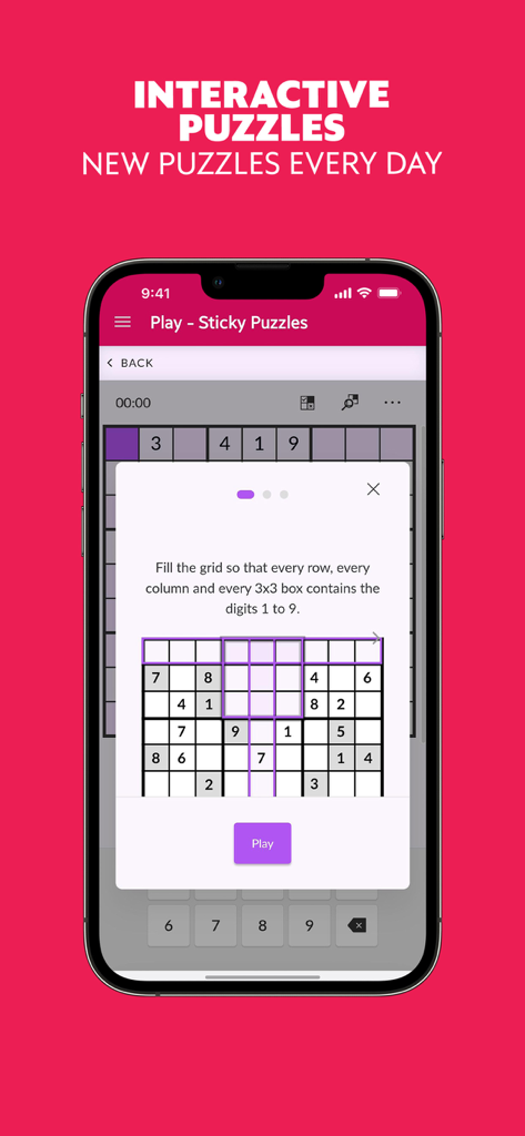 A smartphone screen displaying an interactive Sudoku puzzle from the Take a Break Magazine app with a pink background.
