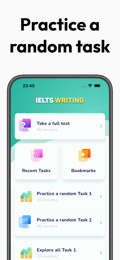 IELTS Writing Tests - Home screen of the IELTS Writing Tests app showing options for full tests and random practice tasks