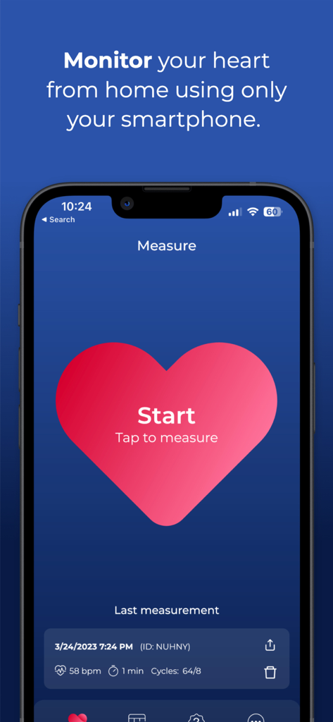 HeartScan: Heart Rate Monitor - Smartphone mostrando la pantalla de medición de la aplicación HeartScan con un gran botón de inicio dentro de un icono de corazón.