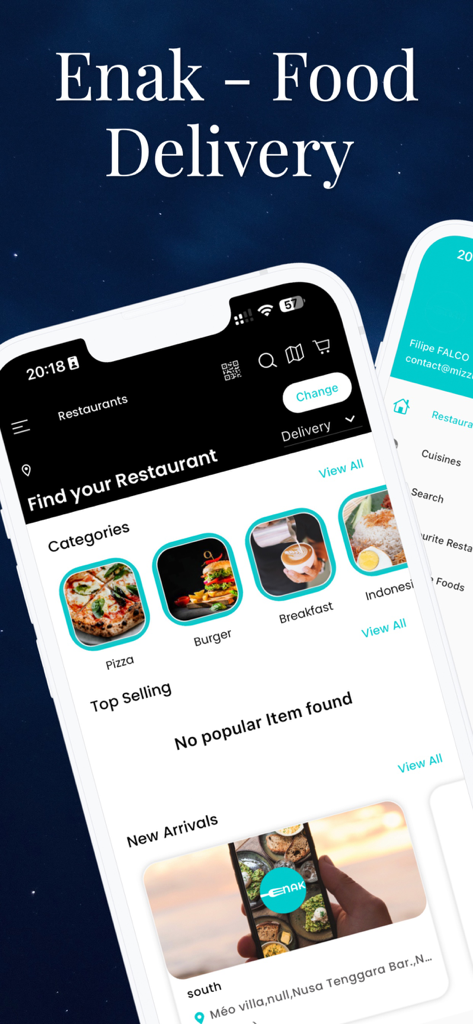Enak - Food Delivery App - The home screen of the Enak food delivery app showing restaurant categories like pizza and burgers