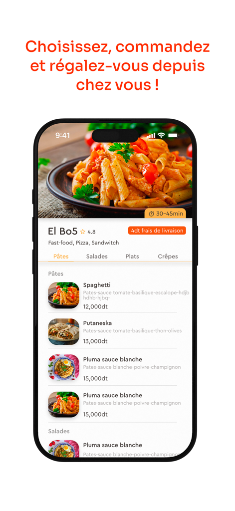 FlyFood - FlyFood app interface showing a restaurant menu with pasta dishes and delivery prices.