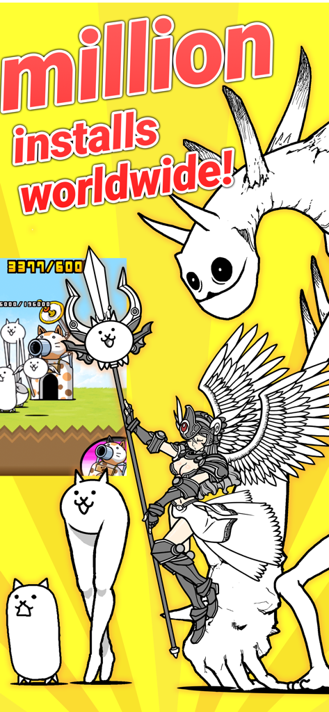 The Battle Cats - Werbeartwork für The Battle Cats mit seltsam süßen Katzencharakteren, darunter Valkyrie Cat und ein langhalsiges Wesen auf gelbem Hintergrund