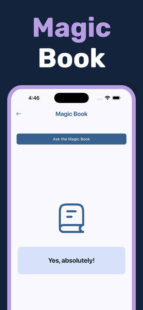 Randomizer2.0 - La función Libro Mágico de la aplicación Randomizer 2.0 que muestra un resultado de decisión de sí, absolutamente.