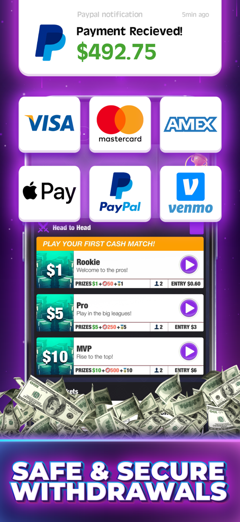 A screen showing secure withdrawal options for cash prizes including PayPal and Visa