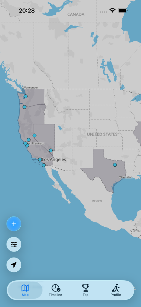 미국 내 방문한 도시와 주를 보여주는 BeenEverywhere 앱 인터페이스