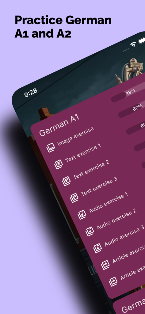 Menú de ejercicios de exámenes de alemán A1 que incluyen texto, audio y pruebas de imágenes