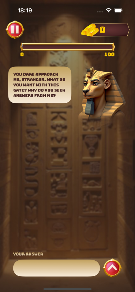 Egyptian Enigma - A conversation with a mystical guardian NPC in the Egyptian Enigma mobile game.