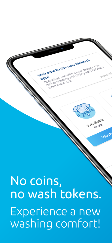 WeWash - Schermata dello smartphone che mostra l'interfaccia dell'app WeWash con informazioni sul pagamento cashless.