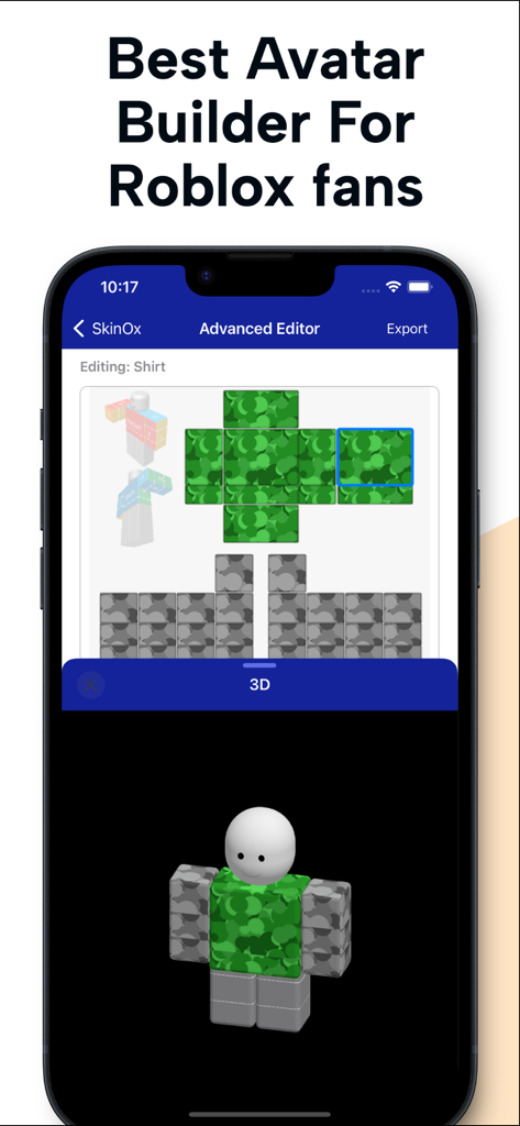 SkinOx - Create and Edit Skins - Advanced skin editor interface for Roblox avatars with 3D character preview