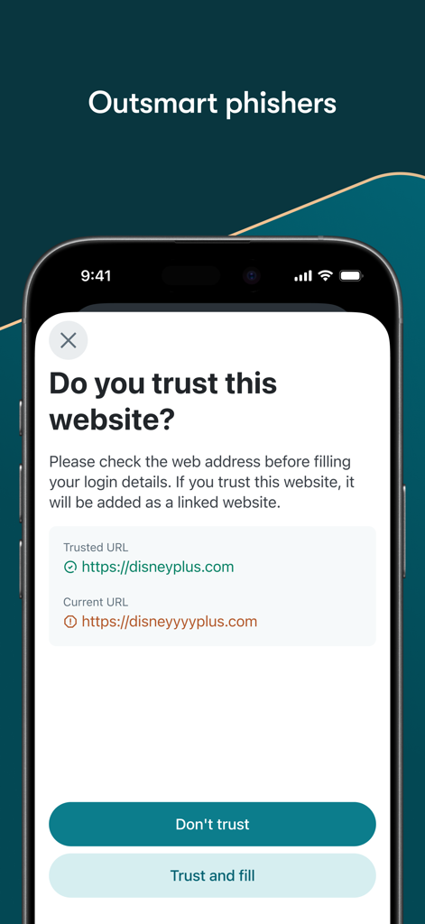 Dashlane Password Manager - Dashlane mobile app screenshot showing a phishing alert warning the user about a suspicious website address