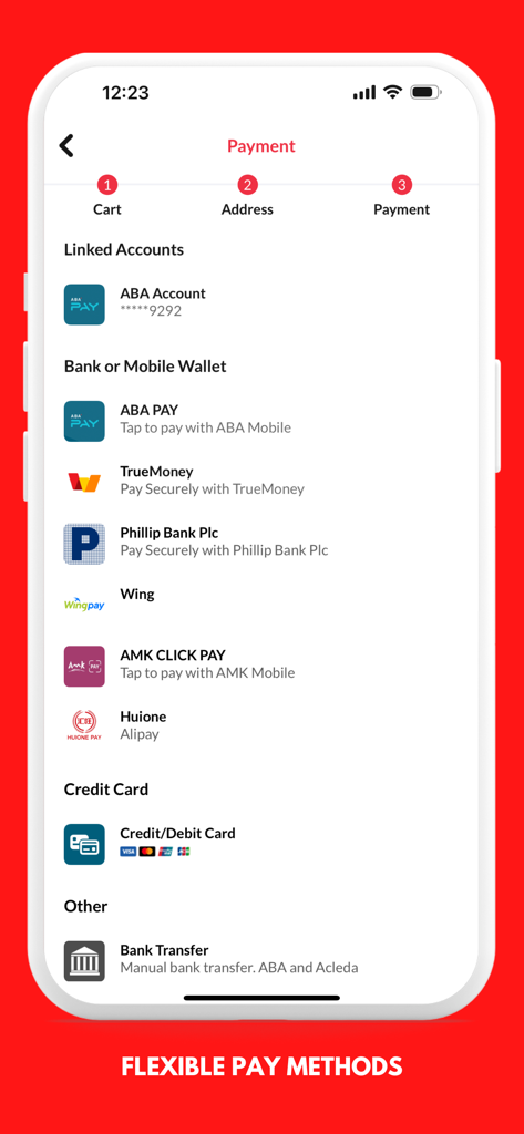 Zahlungsbildschirm der L192 Online-Shopping-App mit verschiedenen kambodschanischen Bank- und Mobile-Wallet-Zahlungsmethoden