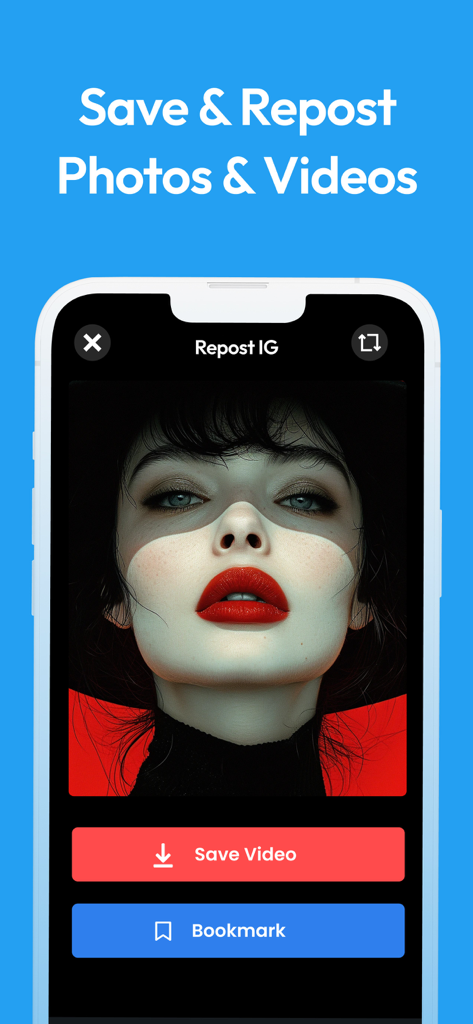 IGSaver! Video & Photo Saver - Interface of IGSaver app showing Save Video and Bookmark buttons for downloading Instagram content.