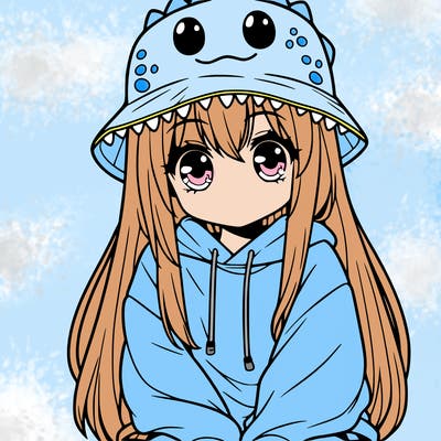 girl with anime shaped eyes with a dinosaur bucket hat oversized sweatshirt long straight hair