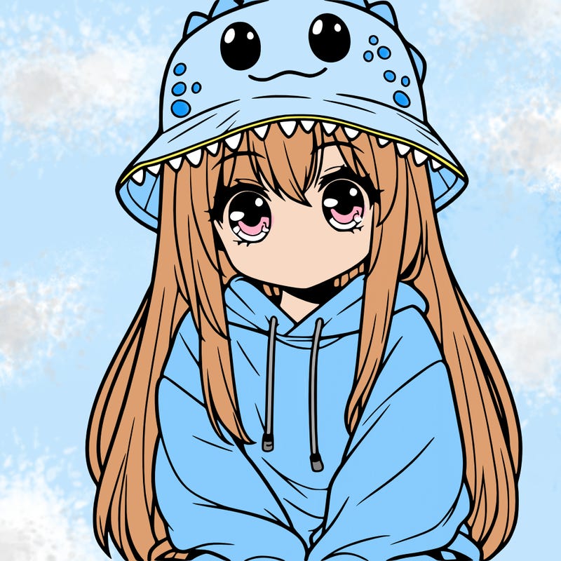 girl with anime shaped eyes with a dinosaur bucket hat oversized sweatshirt long straight hair