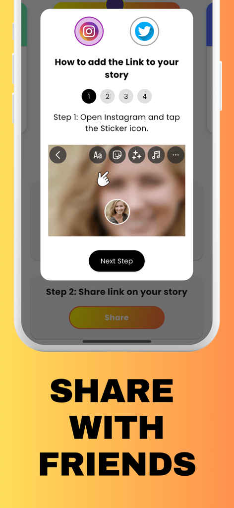A mobile app tutorial screen explaining how to add a game link to an Instagram story to share with friends.