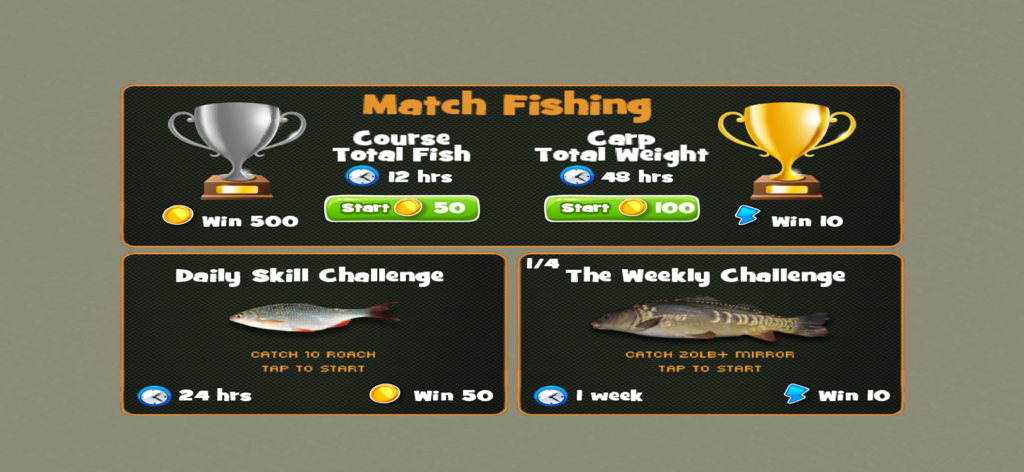 Carpcraft: Carp Fishing - Menú del juego que muestra Pesca de Competición y desafíos de habilidad diarios con recompensas y temporizadores
