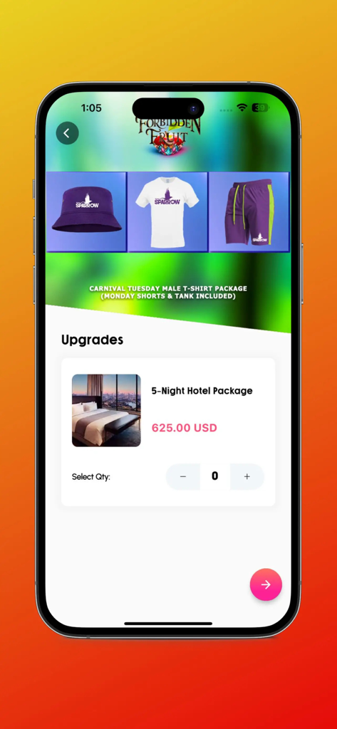 Carnivalist - Carnivalist app screen showing a five night hotel package upgrade and carnival apparel options