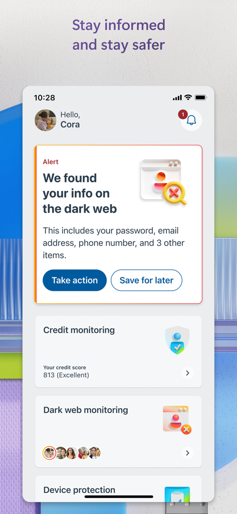 Microsoft Defender: Security - Painel do Microsoft Defender mostrando um alerta de identidade da dark web e pontuação de monitoramento de crédito