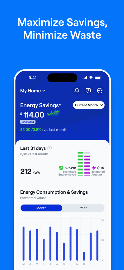 Carrier SmartHome 앱 에너지 절약 및 소비 대시보드, 월별 분석 표시