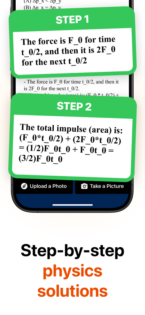 Physics AI - Problem Solver - Mobile app interface showing step by step physics problem solutions for force and impulse calculations