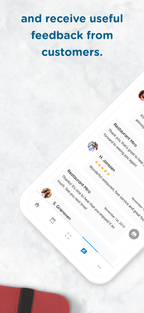 Mobile interface of the Social Deal Partner app showing customer reviews and ratings for a restaurant
