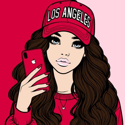realistic beautiful girl wearing los ángeles cap holding an iphone