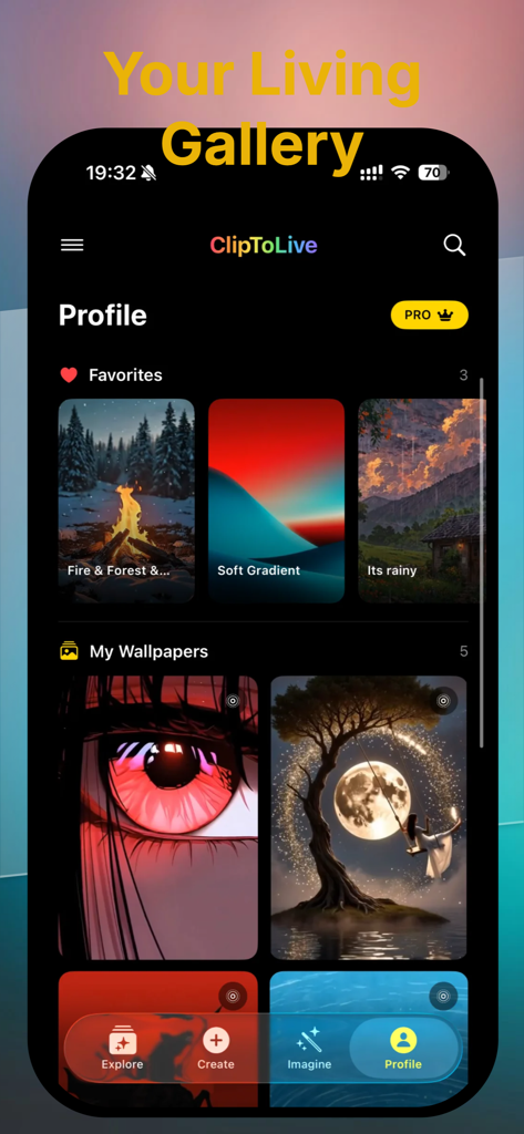 ClipToLive • Live Wallpapers - ClipToLive app profile screen showing a personal collection of aesthetic live wallpapers and favorite designs