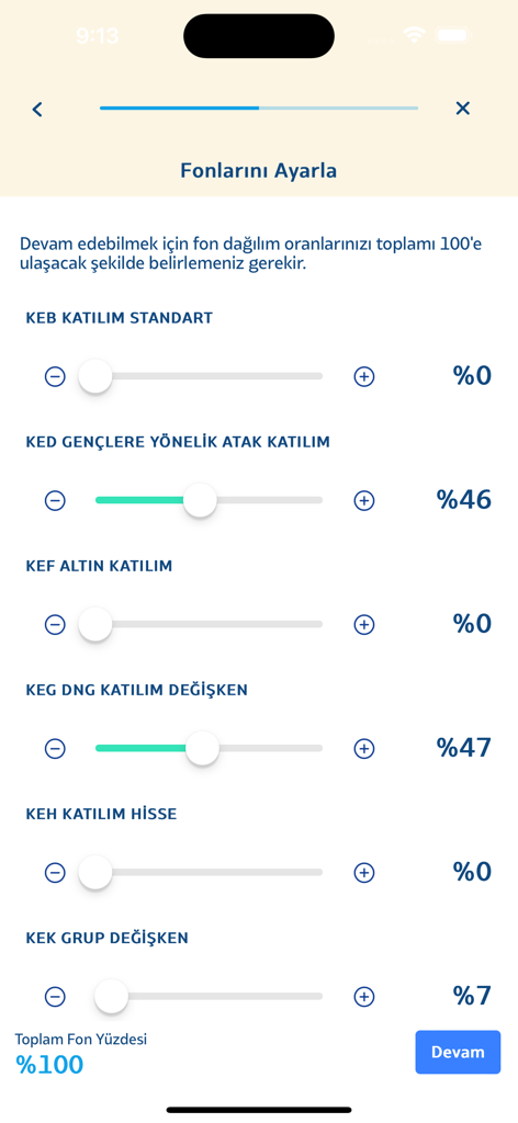 Katılım Cep - Interface de l'application Katilim Cep montrant des curseurs pour ajuster le pourcentage de distribution des différents fonds de pension sans intérêt.
