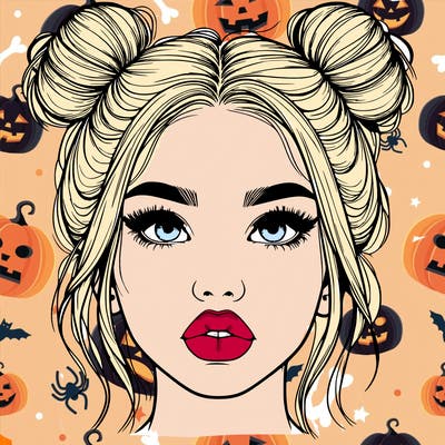 realistic girl with two buns on her hair and lips