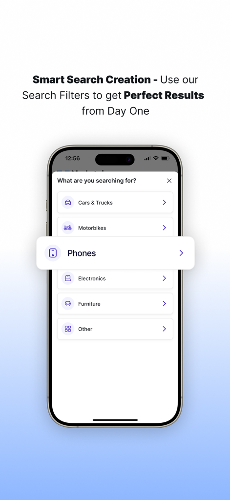 Tela do aplicativo Monitor de Marketplace mostrando filtros de pesquisa inteligentes para categorias como telefones, móveis e eletrônicos