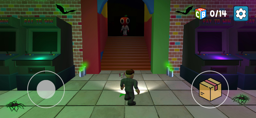 100 Monsters Game: Escape Room - A character explores a dark hallway with arcade machines and a monster in 100 Monsters Game Escape Room