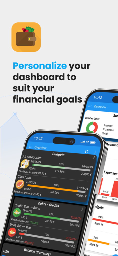 Fast Budget - Expense Manager - Personalized mobile dashboard showing budget progress and debt tracking in Fast Budget app