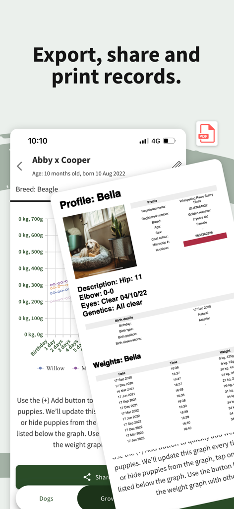 Breedera - Dog Breeder App - Export and share professional dog health records and weight charts using the Breedera app.