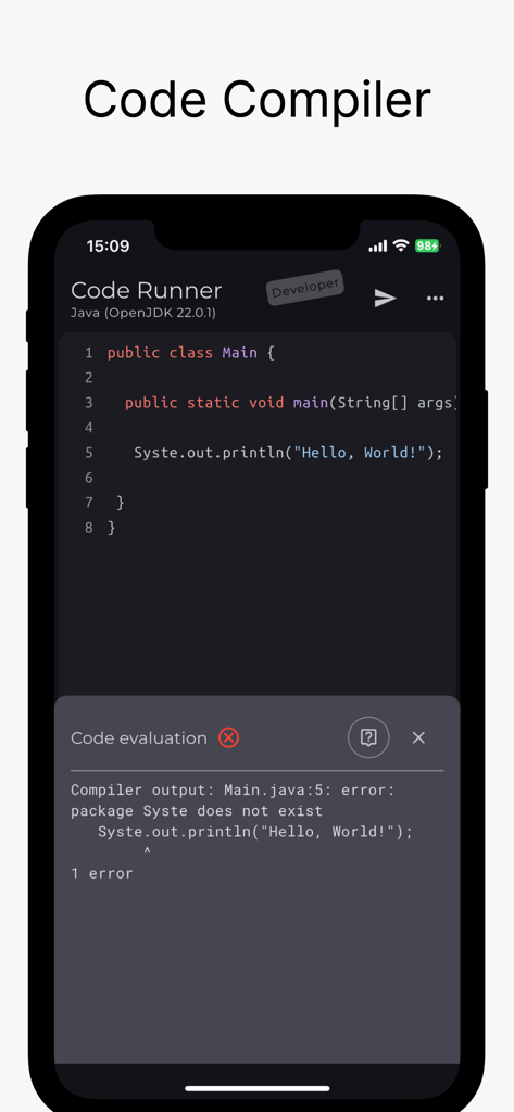 Code Runner App Compiler & IDE - Code Runner mobile app interface showing Java code syntax highlighting and a compiler error message.