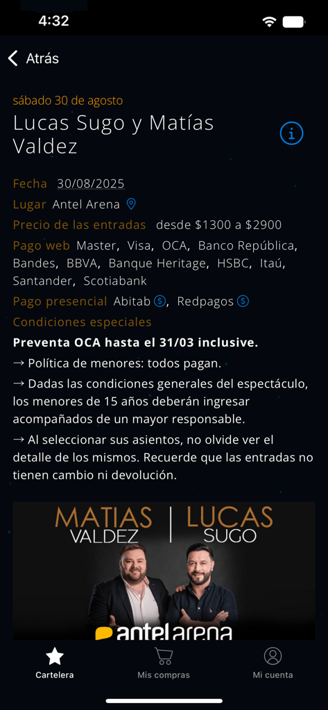 tickantel - Informations sur l'événement pour un concert à l'Antel Arena dans l'application mobile Tickantel