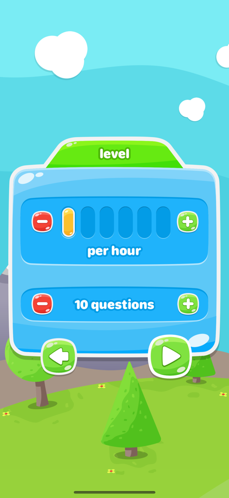 Clockwise read the clock EDU - Écran de sélection de niveau et de personnalisation dans l'application Clockwise EDU montrant les options pour la difficulté de l'heure et le nombre de questions.
