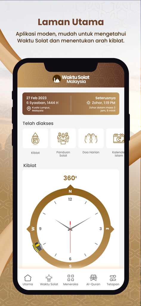 Waktu Solat Malaysia - Main dashboard of the Waktu Solat Malaysia app featuring prayer times and a digital Qibla compass