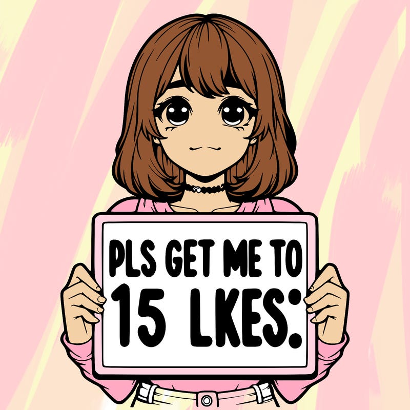 realistic girl holding up a sign that says “pls get me to 15 likes!”