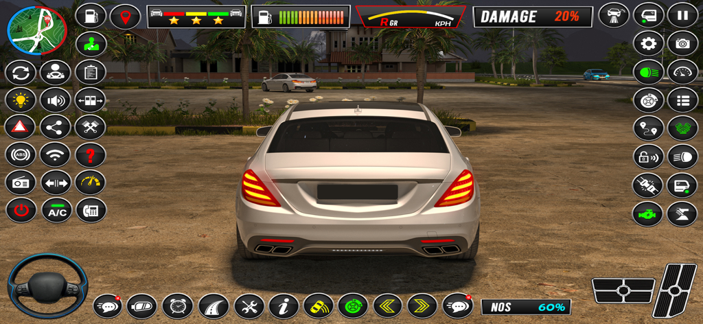 School Driving: Car Simulator - Rear view of a white sedan in a car driving simulator with various driving control buttons on the screen