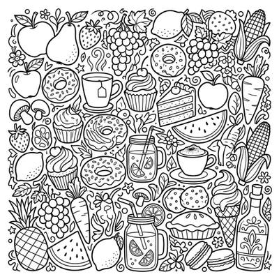 Dive into a delightful world of culinary creativity with this intricately designed coloring page. Featuring an abundance of savory and sweet treats, it promises a satisfying and imaginative coloring experience.