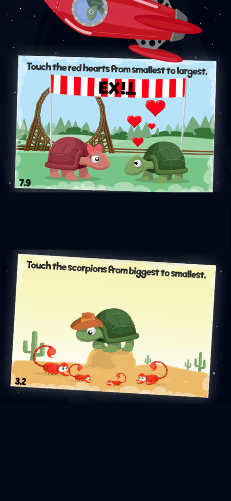 Capturas de pantalla del juego The Moron Test 2 que muestran acertijos lógicos con tortugas, corazones y escorpiones.