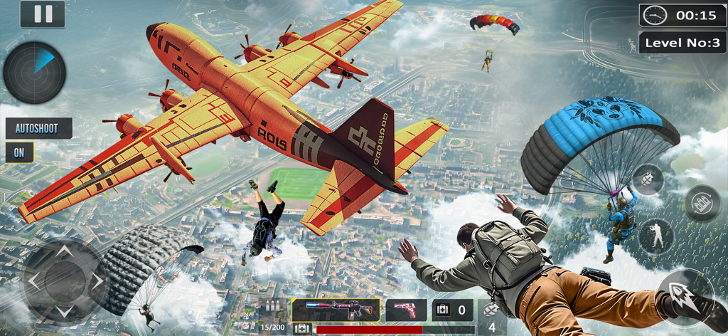 FPS Fire: Battle Royale Games - Personajes saltando en paracaídas desde un avión de carga naranja sobre una ciudad en FPS Fire Battle Royale Games