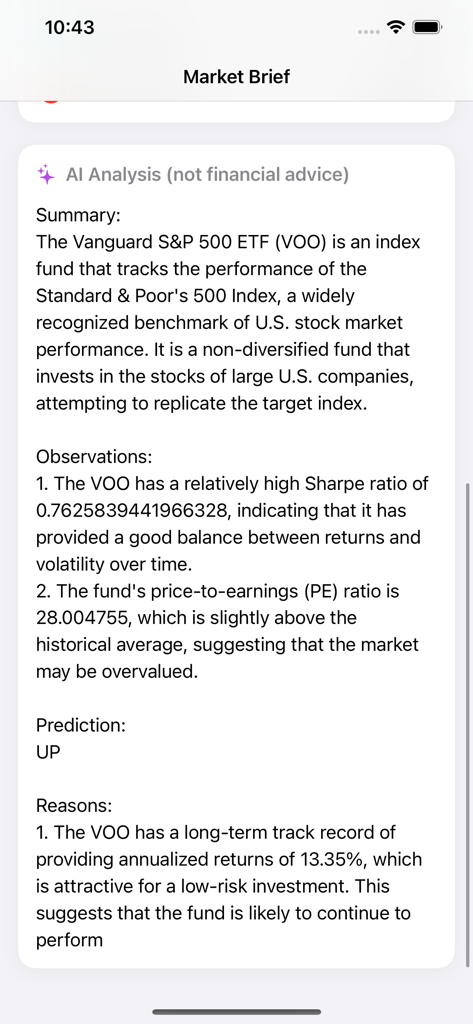 App Market Brief Investing che mostra l'analisi azionaria generata dall'IA e le metriche finanziarie per l'ETF VOO