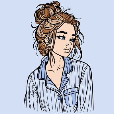 realistic woman with pajamas on and a messy bun