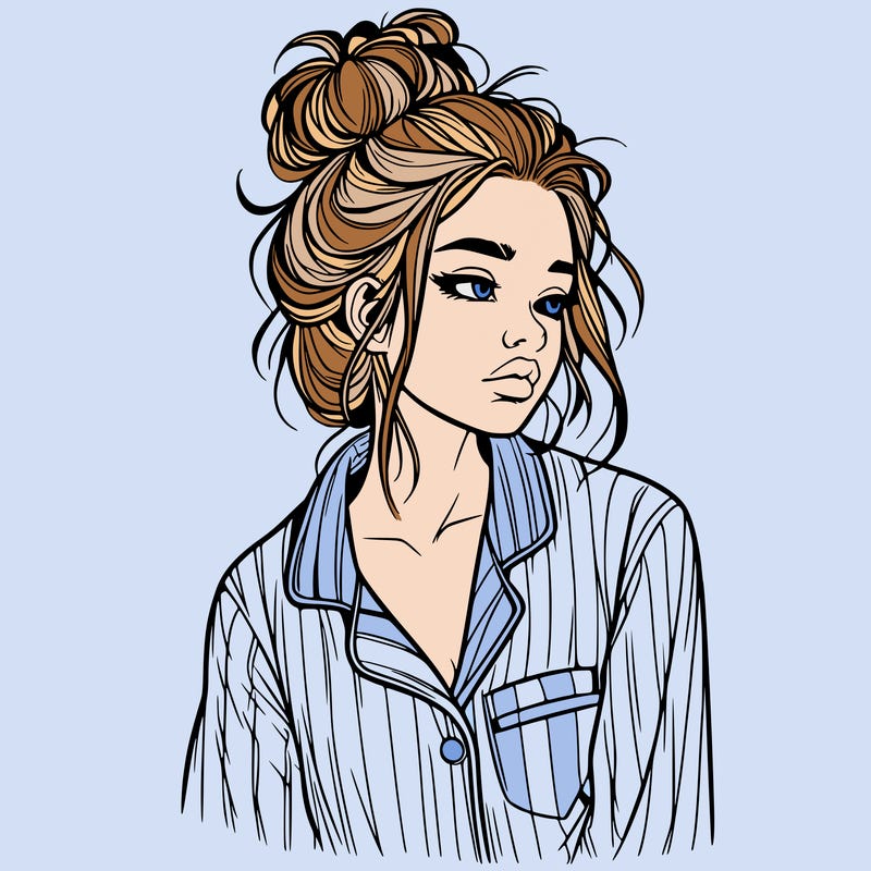 realistic woman with pajamas on and a messy bun