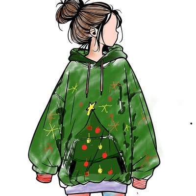 realistic girl with a oversized sweatshirt on and a bun